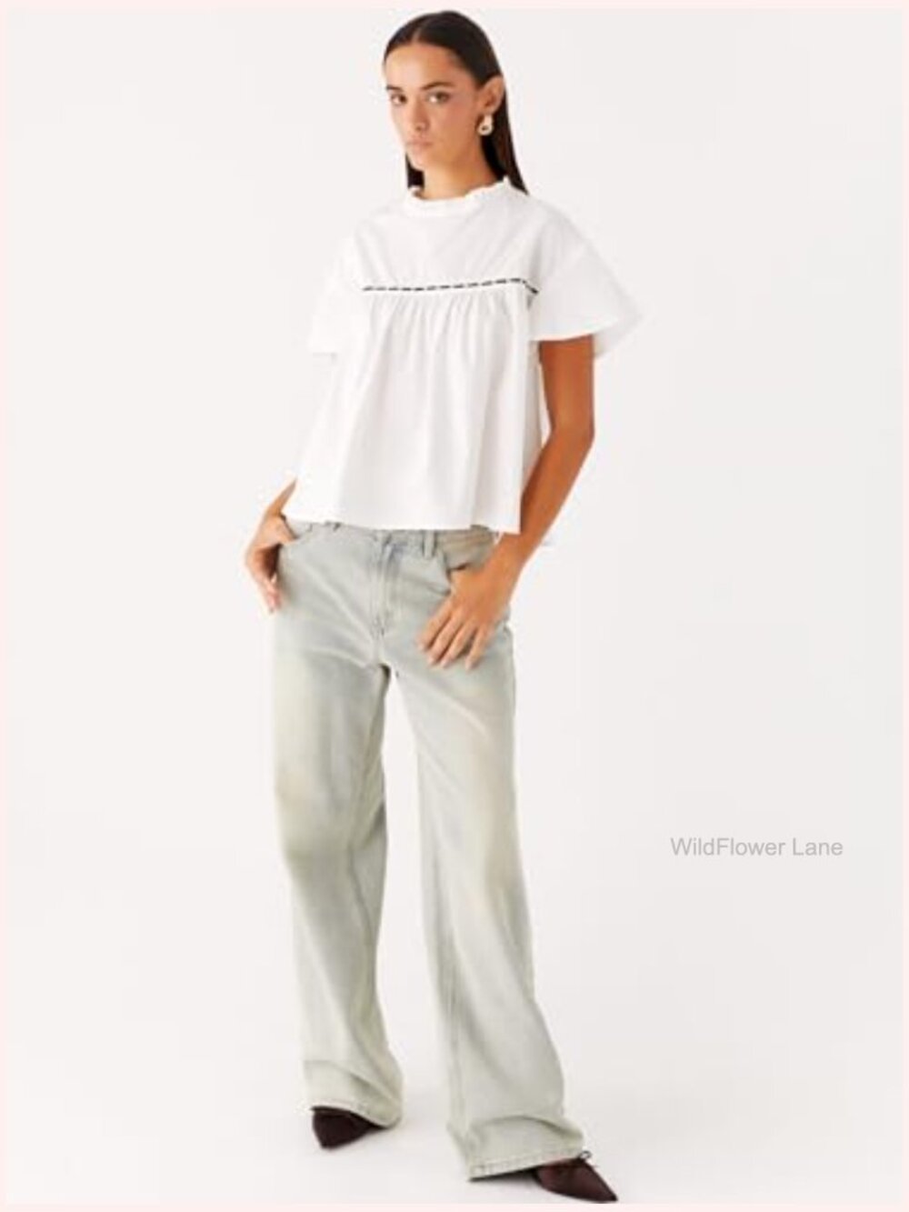 Crew Frill Neckline Short Sleeve Lace Ribbon Boho Blouse - Picture 4 of 4